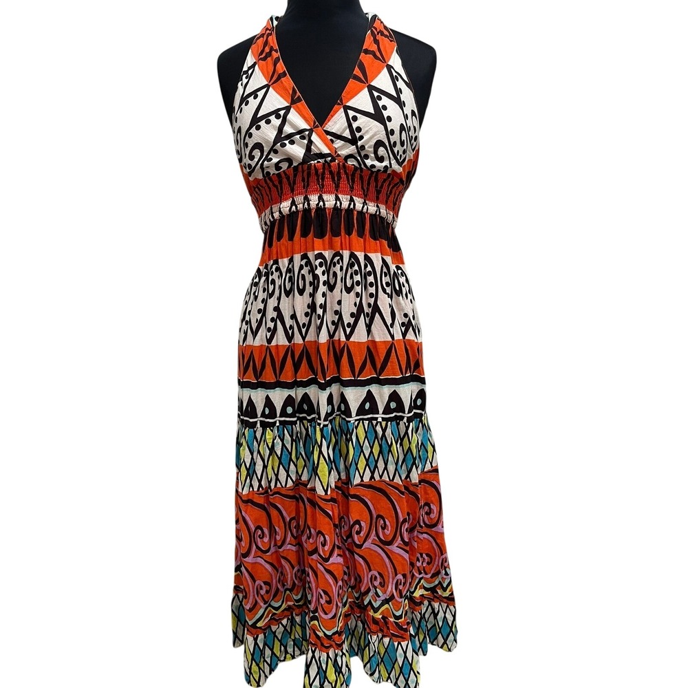Apolla Womens Orange Geometric Tribal Print Cotton Halter Maxi Dress Size M